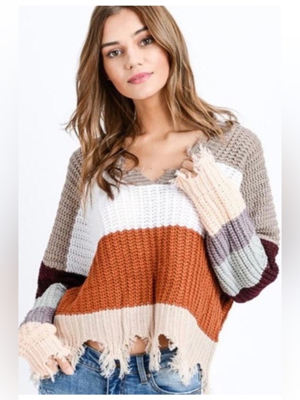 Miracle V-Neck Colorblock Stripe Distressed Sweater - Rust Cream Taupe Mauve S/M